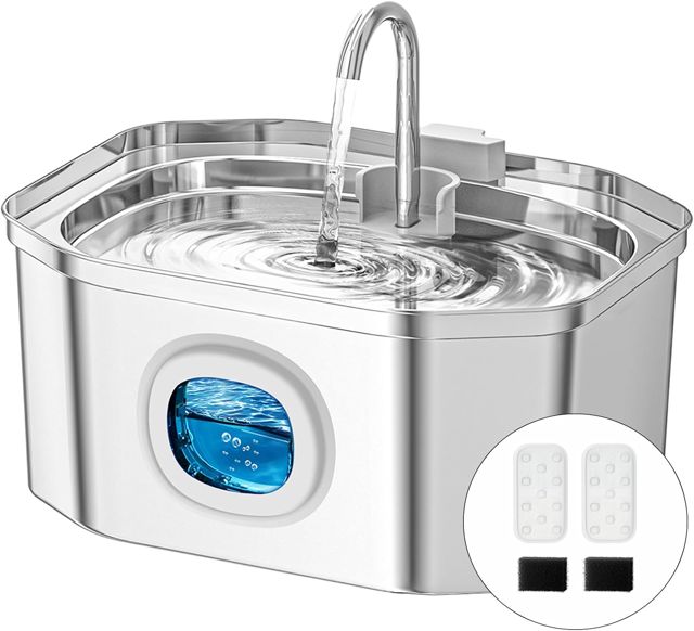 Apauk Katzenbrunnen, Trinkbrunnen für Katze, Trinkbrunnen Edelstahl, Ultraleiser Trinkbrunnen für Katze und kleine Hunde,mit LED-Fenster, S -3.2L Große Kapazität (A-2 Filter & 2 Schwämme)