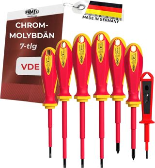 FAMEX 7734-7 Schraubendreher Set 7-teilig - VDE geprüft - isoliert 1000 V - Schlitz/Kreuzschlitz - aus Chrom-Molybdän-Vanadium Stahl - verschlankte Spitzen - mit Spannungsprüfer 230V - Elektriker