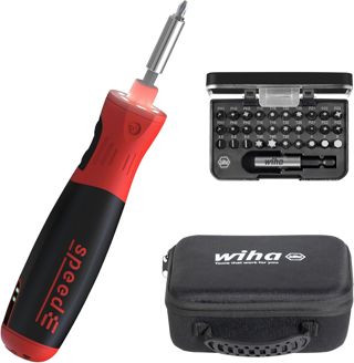 Wiha elektrischer Schraubendreher speedE PocketDrive 31-tlg. I mit Bit-Set in Box und Tasche I 1,0 Nm + 5,0 Nm I Akkuschrauber in Aufbewahrungsbox mit USB-Ladekabel (45791)