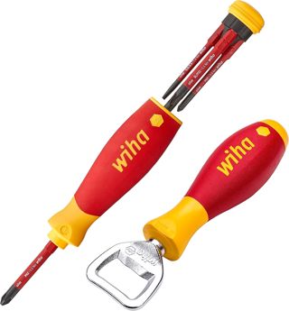Wiha Schraubendreher Set gemischt PocketMax electric 4tlg Bit Set Schraubenzieher Satz mit Bit Magazin aus slimBits für Elektriker Schlitz Kreuzschlitz Plusminus inkl. Flaschenöffner Werkzeuggriff