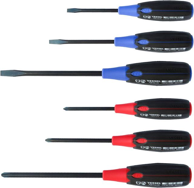 Vessel Schraubendreher-Set Supercushion mit flachem Kopf und Kreuzschlitz, kompatibel mit JIS/ISO/Din/Asme, Schwarz, 6 Stück