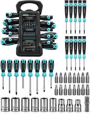 44-teiliges Cr-V Schraubendreher- und Steckschlüsselsatz, Präzisionsschraubendreher, Magnetischer Bit-Halter, 25mm Bits – Flach, Kreuz, Stern und Mehrfachschlitz für Heimwerker & Profis