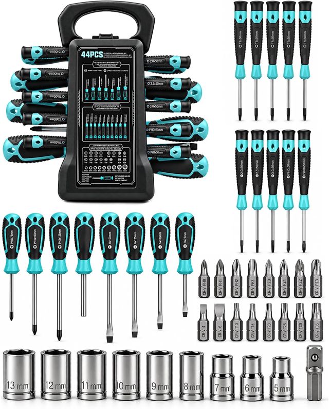 44-teiliges Cr-V Schraubendreher- und Steckschlüsselsatz, Präzisionsschraubendreher, Magnetischer Bit-Halter, 25mm Bits – Flach, Kreuz, Stern und Mehrfachschlitz für Heimwerker & Profis