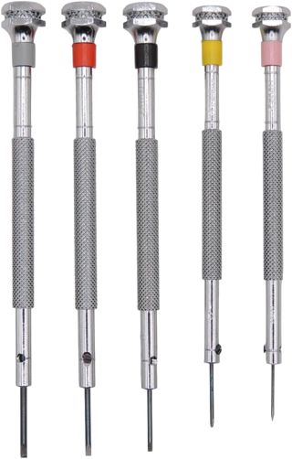 KD89 Horotec MSA01.095 Uhrmacherschraubendreher-Sortiment, 5-teilig, klassisches Messing, verchromt, mit Standard-Bits, Ø 0,60-0,80-1,00-1,20-1,40 mm, rot