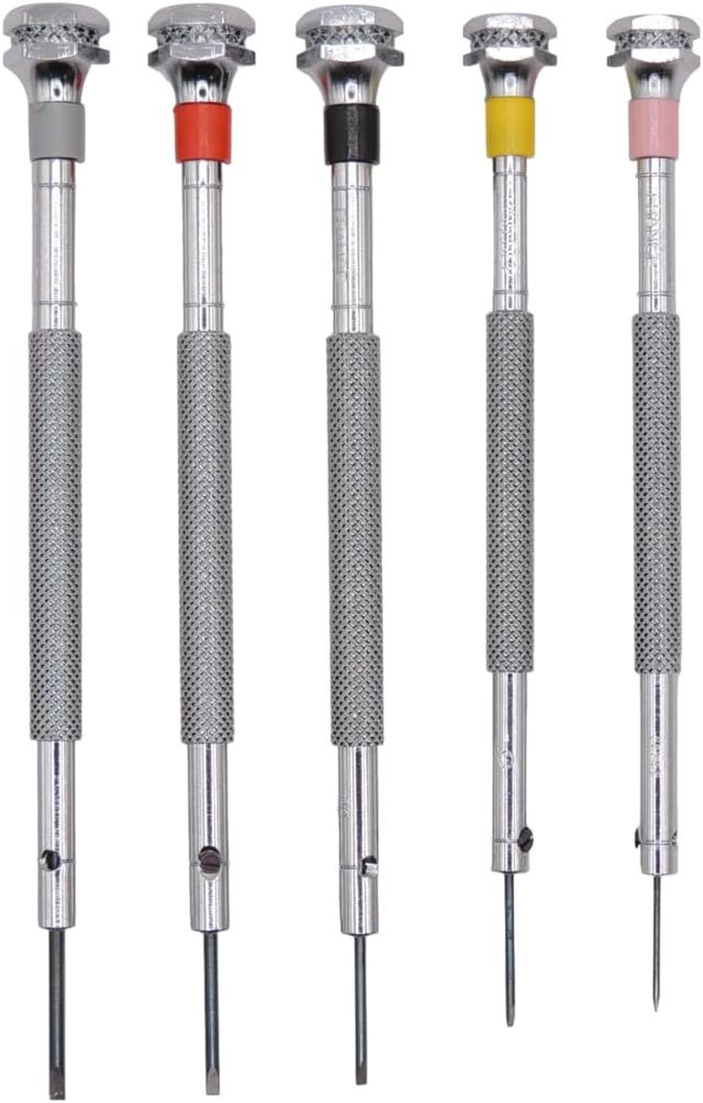 KD89 Horotec MSA01.095 Uhrmacherschraubendreher-Sortiment, 5-teilig, klassisches Messing, verchromt, mit Standard-Bits, Ø 0,60-0,80-1,00-1,20-1,40 mm, rot
