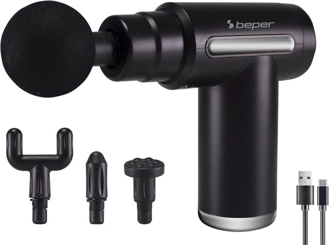BEPER P302MAS002 Perkussionsmassagegerät, 30W, wiederaufladbare Massagepistole, 4 austauschbare Köpfe. 6 Intensitätsstufen, Schwarz