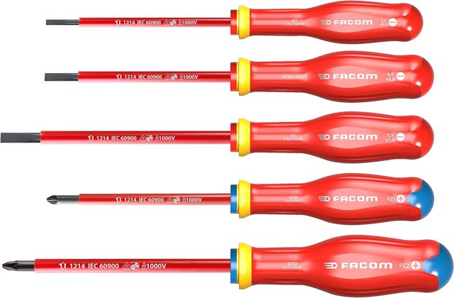 FACOM ATD.J5VE PROTWIST Schraubendreher, isoliert, 1000 V, für Schlitzschrauben & für Pozidriv Kreuzschlitzschrauben, 5 Stück