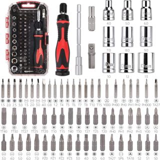 Amazon Basics Ratschenschraubendreher Bit Set mit Schraubendreher, 73-Teilig, Schwarz/Silber/Rot