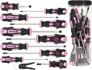 Pinkes Schraubendreher-Set, 12-teilig, für Cr-V-Stahl, magnetische Spitze, rutschfester Griff, kompakter Aufbewahrungskoffer für Reparaturprojekte im Haushalt (A)