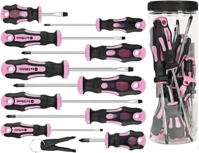 Pinkes Schraubendreher-Set, 12-teilig, für Cr-V-Stahl, magnetische Spitze, rutschfester Griff, kompakter Aufbewahrungskoffer für Reparaturprojekte im Haushalt (A)