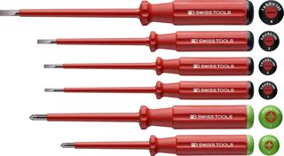 PB Swiss Tools POZIDRIV SCHLITZ Schraubendreher-Set Elektriker VDE PB 5543, Isoliert bis 1.000 Volt, 100% Swiss Made, Unbegrenzte Garantie, Rot (6-tlg. (PZ1/PZ2/1/2/3/4))