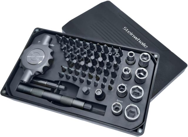Steinwhale 64-in-1 Ratschen-Schraubendreher-Bit-Set, flacher Griff für enge Stellen, magnetischer Montage-Ratschenschlüssel, Präzisions-Schraubendreher, 1/4 Zoll und 4 mm S2-Stahl-Bits für