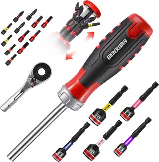 GEINXURN Ratschen Schraubendreher und Magnetischer Bithalterung, Ergonomischer Griff mit Bits Lagerfläche, Inkl. 12-tlg. Bitsatz (PH/PZ/Torx/Hex/SL), Steckschlüssel, Mini-Ratschenschlüssel