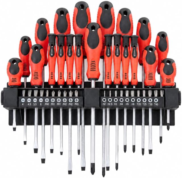 KOMBO - Professionelles 38-teiliges Schraubendreher- und Bit-Set aus Cr-V – Wandhalterung Inklusive, Neigbarer Halter, Rutschfeste Griffe – Standard-, Torx-, PH-, SL- und Präzisionsschraubendreher