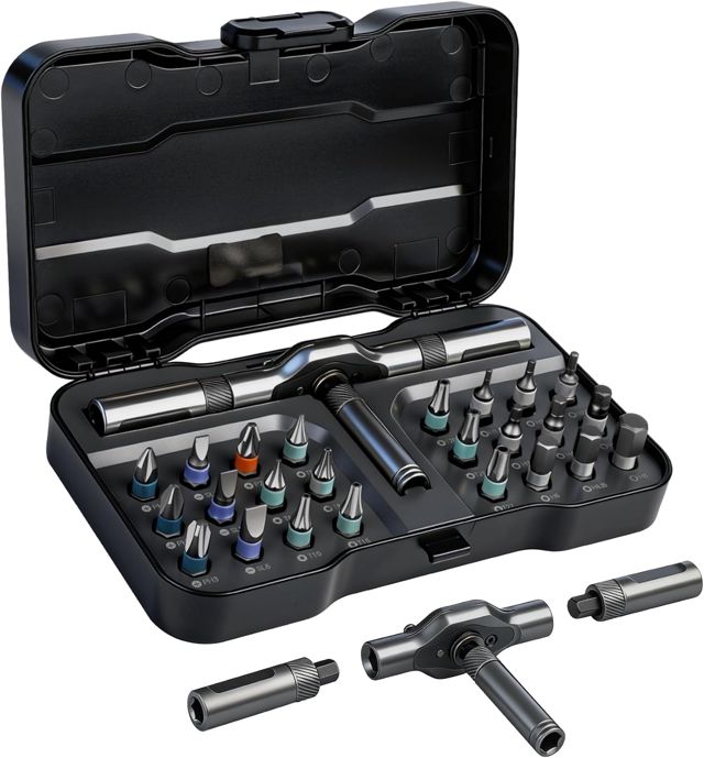 24tlg. Ratschenschraubendreher Set Magnetisch Schraubendreher Set mit Abnehmbarem Griff, Magnetic Screwdriver Set mit S2-Bits 58-Zahn-Ratsche Feinmechaniker Werkzeug für Möbel Fahrrad PC-Reparatur