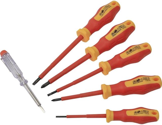 Brüder Mannesmann Schraubendreher-Set 6-tlg., VDE-geprüft, isoliert bis 1.000 V, magnetisch, PH1, PH2, Schlitz, Chrom-Vanadium mit Spannungstester, ergonomischer Griff | M11226