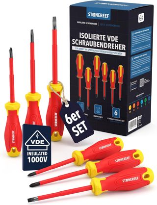 VDE Schraubendreher Set 6-teilig – magnetische Klingen – 1000 V isoliert nach VDE – Schlitz 0.5×3.0×75 0.8×4.0×100 1.0×5.5×125 mm – Phillips PH0×60 PH1×80 PH2×100 mm – Elektriker Schraubendreher mit G