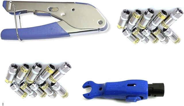 Cabelcon Set Bestehend aus Kompressionszange Pocket Tool + Cable Stripper + 20 Stück Kompressions-F-Stecker (20 Stk CX3 4.9 HQ + Stripper Blau)