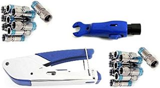Cabelcon SET bestehend aus Kompressionszange Pocket Tool + Cable Stripper + 20 Stück Kompressions-F-Stecker (20 Stk CX3 7.0 QM + Stripper blau)