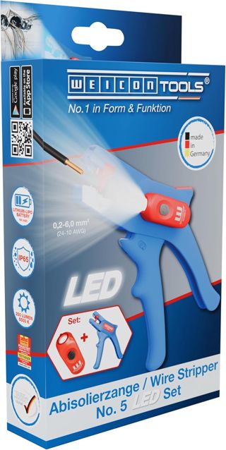 WEICON Abisolierzange No. 5 LED-Set, präzises Abisolieren von 0,2-6 mm², LED mit 3 Helligkeitsstufen, für dunkle Arbeitsbereiche