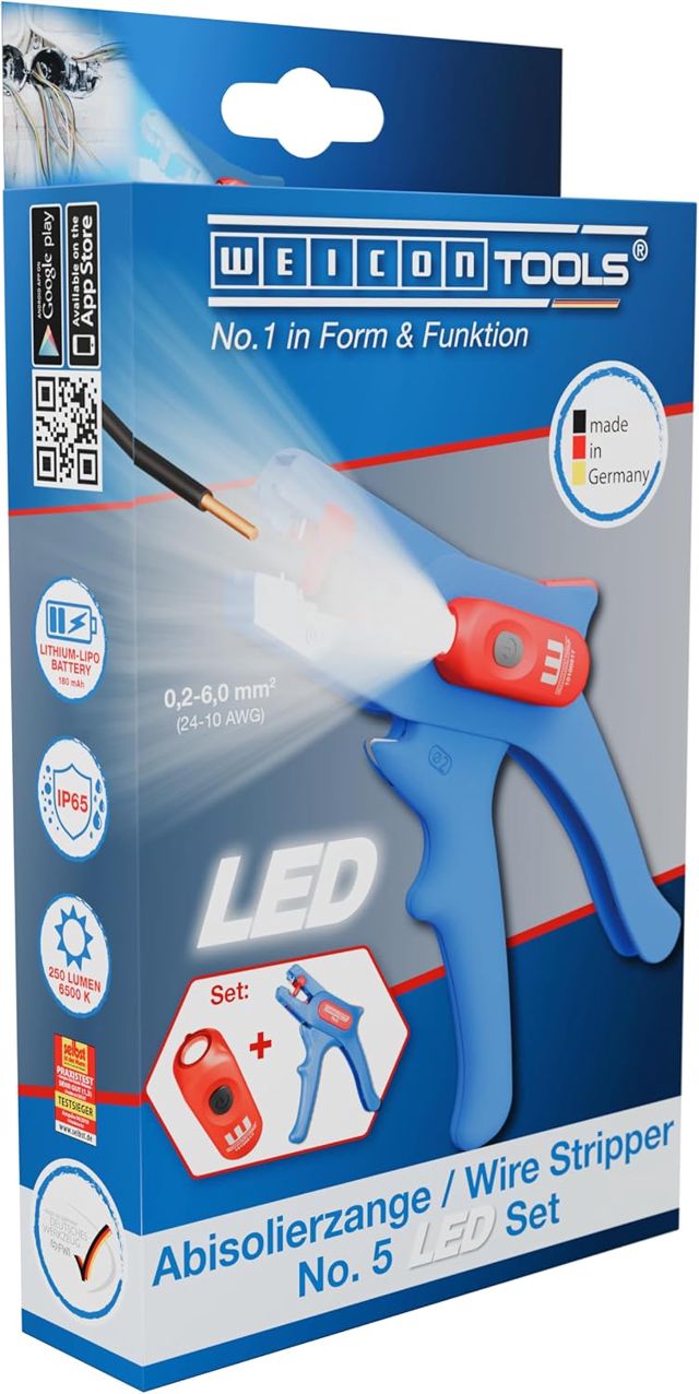 WEICON Abisolierzange No. 5 LED-Set, präzises Abisolieren von 0,2-6 mm², LED mit 3 Helligkeitsstufen, für dunkle Arbeitsbereiche