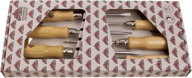 STUBAI 1580 Schraubendrehersatz 6-teilig, Kreuz- und Schlitz-Schraubendreher mit ergonomischem Hartholzgriff, versiegelter Oberfläche und Sechskant, Werkstatt Set für präzises Arbeiten im Handwerk