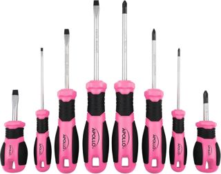 Apollo Tools Pink 8-teiliges Essential Schraubendreher-Set Kreuzschlitz und Schlitz mit magnetischen Spitzen und rutschfesten Komfortgriffen Inklusive Kurzschraubendreher für enge Räume – Rosa Band –