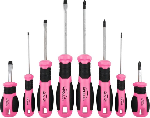 Apollo Tools Pink 8-teiliges Essential Schraubendreher-Set Kreuzschlitz und Schlitz mit magnetischen Spitzen und rutschfesten Komfortgriffen Inklusive Kurzschraubendreher für enge Räume – Rosa Band –