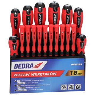 DEDRA 18-teiliges Schraubendreher-Set mit Präzisions- und Standard-Schraubendrehern, aus CrV-Stahl, mit rutschfestem 2-Komponenten-Griff im Kunststoffständer, SL2.5, SL3, SL5, SL6, SL8, PH00 und mehr