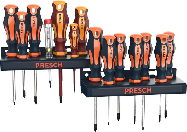 Presch Schraubenzieher Set 14 tlg VDE-GS geprüft - Magnetischer XXL Schraubendreher Satz mit Wandhalterung und Spannungsprüfer - Profi Schraubendreher Set mit Halterung