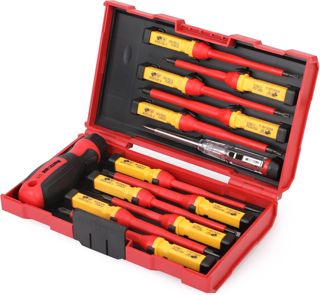 HURRICANE 13-teiliges 1000 V isoliertes Schraubendreher-Set, Cr-V-magnetische Spitze. 4 Schlitz-, 2 Kreuz-, 2 Pozidriv-, 3 Torx-Bits, 1 Spannungsprüfer und 1 Griff. Ideal für professionelle Reparature
