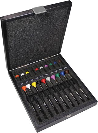 Bergeon 6899-A10 Schraubendreher-Sortiment, 10 Schraubendreher, 0,50 bis 3 mm, im Holzetui mit 10 farbig markierten Tuben mit je 2 Ersatzklingen