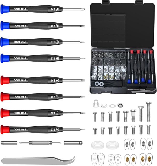 Brillen Reparatur Werkzeug Kit,Brillenreparatur Werkzeug Set mit Kleinen Schrauben,Nasenpads,Pinzette,Reinigungstuch und PräZisionsschraubenziehern,Geeignet für Brillen,Sonnenbrillen
