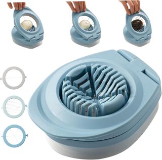 Eierschneider für hartgekochte Eier, Eierschneider mit 3 verschiedenen Schneidern, Erdbeere, leicht zu schneidender Edelstahldraht, mit Aufbewahrungsbox für Früchte, Eier, Blau