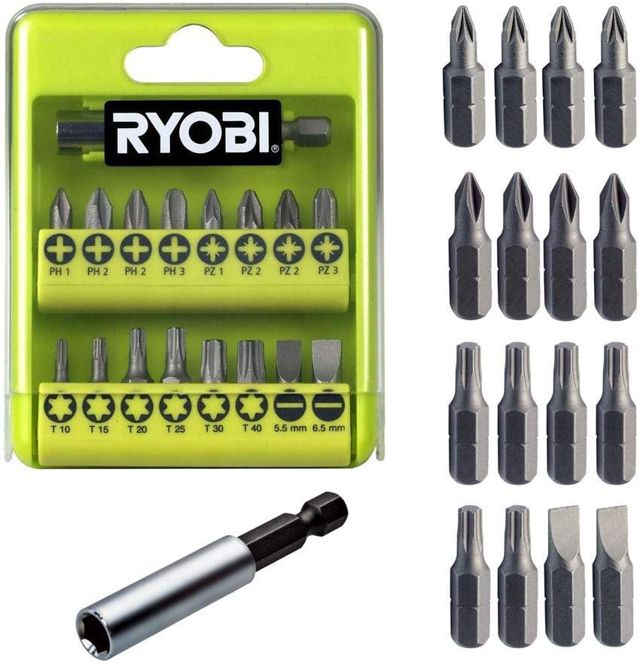 RYOBI Schraubendreher-Set RAK28MSD, 28-teilig, mit 25-mm-Bits und 60-mm-Bithalter, Hellgrün; Schwarz