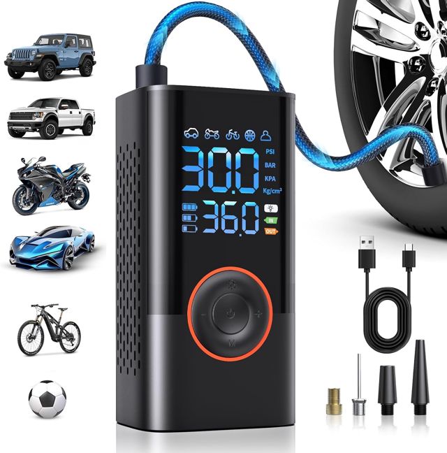 Elektrische Luftpumpe,150PSI/10,3 BAR elektrisch Fahrradpumpe Tragbare Akku 12v Kompressor mit Digital LED-Licht Voreingestellter Reifendruck Auto-Stopp für alle Fahrräder Motorrad Auto