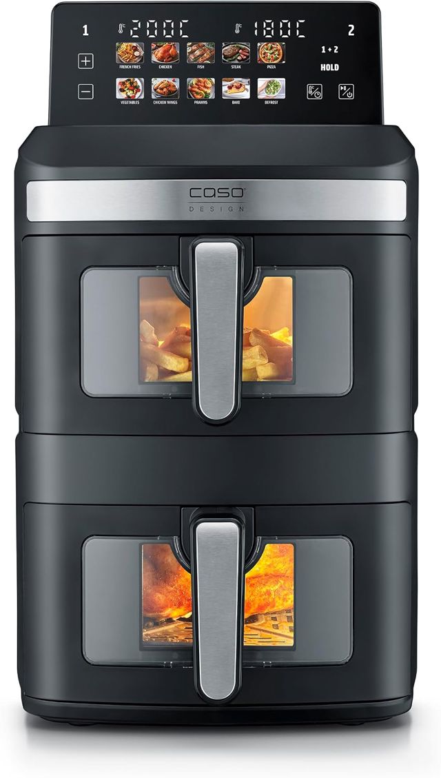 CASO AirFry Duo Tower, Doppel-Heißluftfritteuse, AirFryer, 12,4L (2x 6,2 L) vertikal, individuell einstellbar, 40-200°C, PFAS‑freie Keramikbeschichtung, spülmaschinengeeignet, 10 Programme