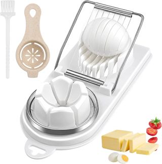 Eierschneider 3-teilig, Eierschneider mit Eierteiler und Reinigungsbürste, für gekochte Eier, Weißer mit gelbem Eiertrenner