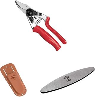 FELCO 7 Rollgriff-Gartenschere mit Lederholster 910+ und Schärfwerkzeug 903 – Ergonomisches Set für intensive Schnitte mit hoher Leistung