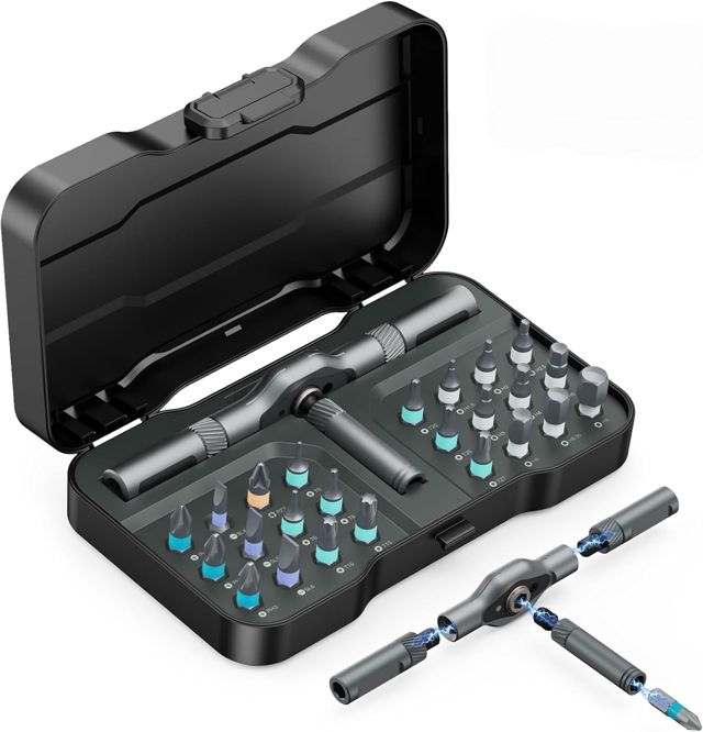 ORIA Ratschen Schraubendreher Set, 34 in 1 Magnetischer Schraubendreher mit 32 Bit, Abnehmbarer T-Ratschengriff, Präzisions Reparaturwerkzeug Set für Brillen, Uhren, PC, DIY, Möbel