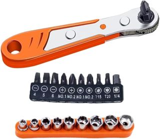 Mini-Ratschenschlüssel, rechtwinklig, Kreuzschlitz, 36 Zähne, magnetischer Schraubendreher für schwierige Räume, mit 1/4-Zoll-Antrieb, hohes Drehmoment, Offset-Schraubendreher und Bit-Set, 3