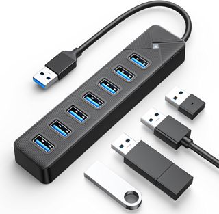 GiGimundo PG7U USB Hub 3.0, 7-Port USB Verteiler, 1M Lang Kabel mit 5V/3A Stromeingang, Mehrfach USB Stecker für PC Laptop, älteres MacBook, PS4, PS5, Flash Drive, Tastatur, Maus 10-BK-EU (100CM)