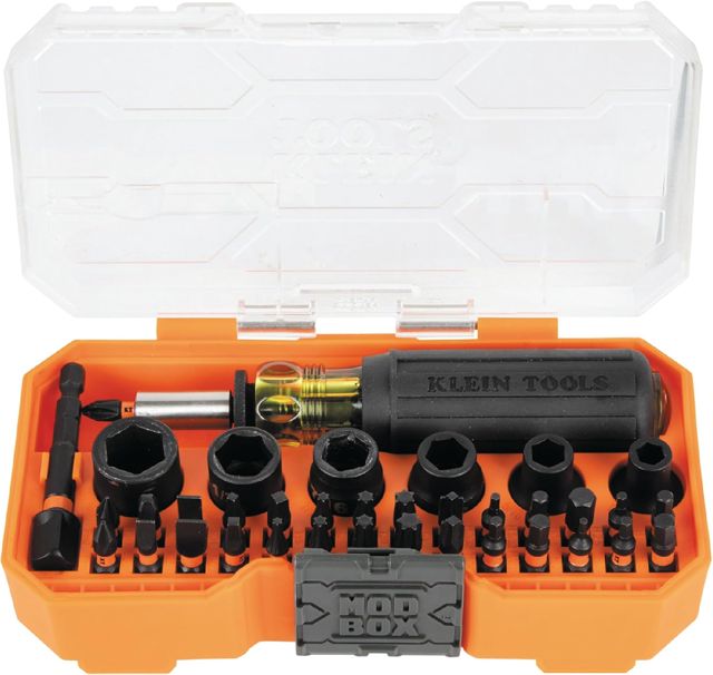Klein Tools 33805 ProFlex 38-teiliges SAE-Werkzeugset, schlagfest, mit modularem Koffer, aus S2-Stahl, magnetischem, verstellbarem Schraubendreher, 29 Bits und 6 SAE-Steckschlüsselgrößen