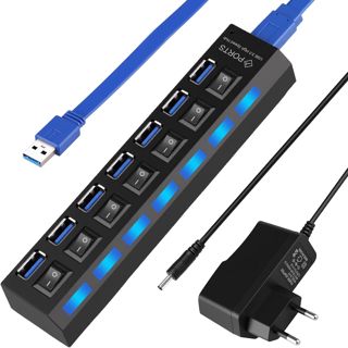 7 Port USB Hub mit Netzteil 5V / 2A, Verteiler mit Individuellen Schalter