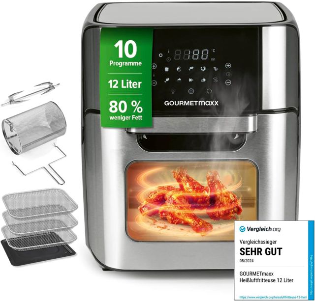 GOURMETmaxx FryUp XL vertikale Doppelkammer Heißluftfritteuse mit Sichtfenster - 12 L | Airfryer mit 9,6 Zoll Multi-Colour LED-Touchdisplay & 12 Programmen | Heißluftfritteuse 2 Kammern mit Oberhitze