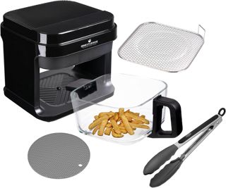 KHF-550 Heißluftfritteuse, 5,5 Liter,1.200W, Touchdisplay,Frittierkorb aus Glas ohne Beschichtung, Fritteuse mit Zange und Silikonuntersetzer (KHF-550 Standardausführung)