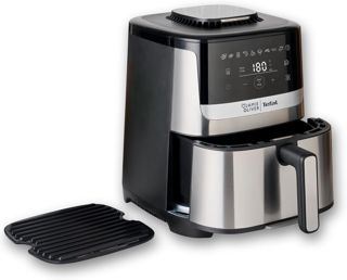 Jamie Oliver by Tefal Easy Fry Silence Deluxe Heißluftfritteuse, sehr leise, 10 voreingestellte Programme, digitaler Touchscreen, 5 l, inkl. Druckguss-Gitterrost + Deckel, Schwarz/Edelstahl, EY55JDE0