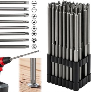 Rierousy 32-teiliges Schraubendreher-Bit Set, Lang 150 mm, S2-Stahl, Magnetisch, 1/4" Sechskant, Torx/Phillips/Inbus/Flach/Doppelt/Sicherheit, mit Organizerhalter, für Bohrer