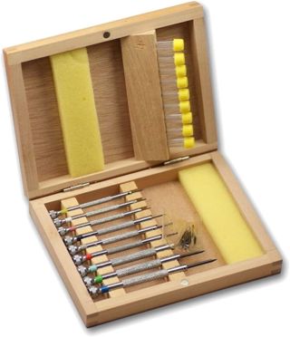 9 Uhrmacher-Schraubendreher in Echt-Holzbox S1 DELUXE STAR XXL für die Uhrenreparatur