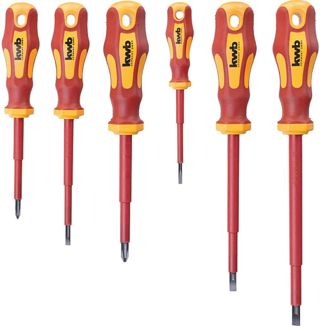kwb Schraubendreher-Set VDE 6-teilig, vollisolierte Klingen, extra gehärtet, inkl. 2-Komponenten-Griff und Aufhänge-Loch, Schraubenzieher-Satz CV Stahl